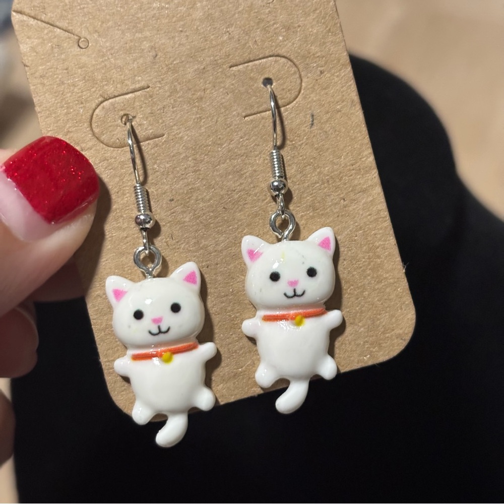Cute Resin White Cat Dangle Tail, Hook Earrings - Super Cute Kitty Cat Earring